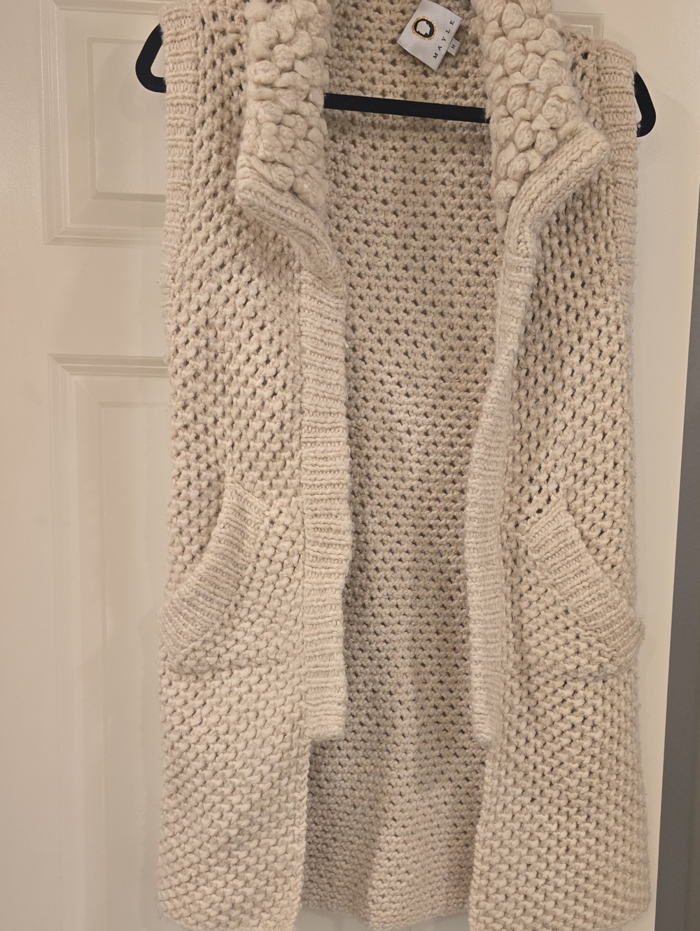 Mayle Cream Chunky Knit Sleeveless Cardigan with Thick Collar